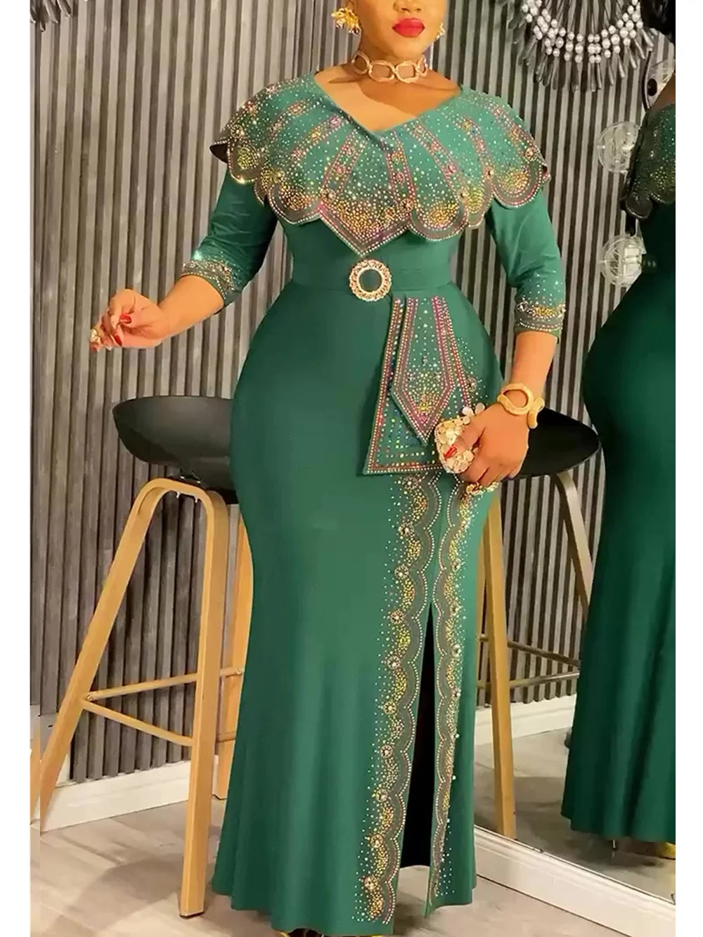 Plus Size African Party Dresses for Women Dashiki Diamond Bodycon Slit Long Dress Elegant Turkey Muslim Wedding Evening Gown