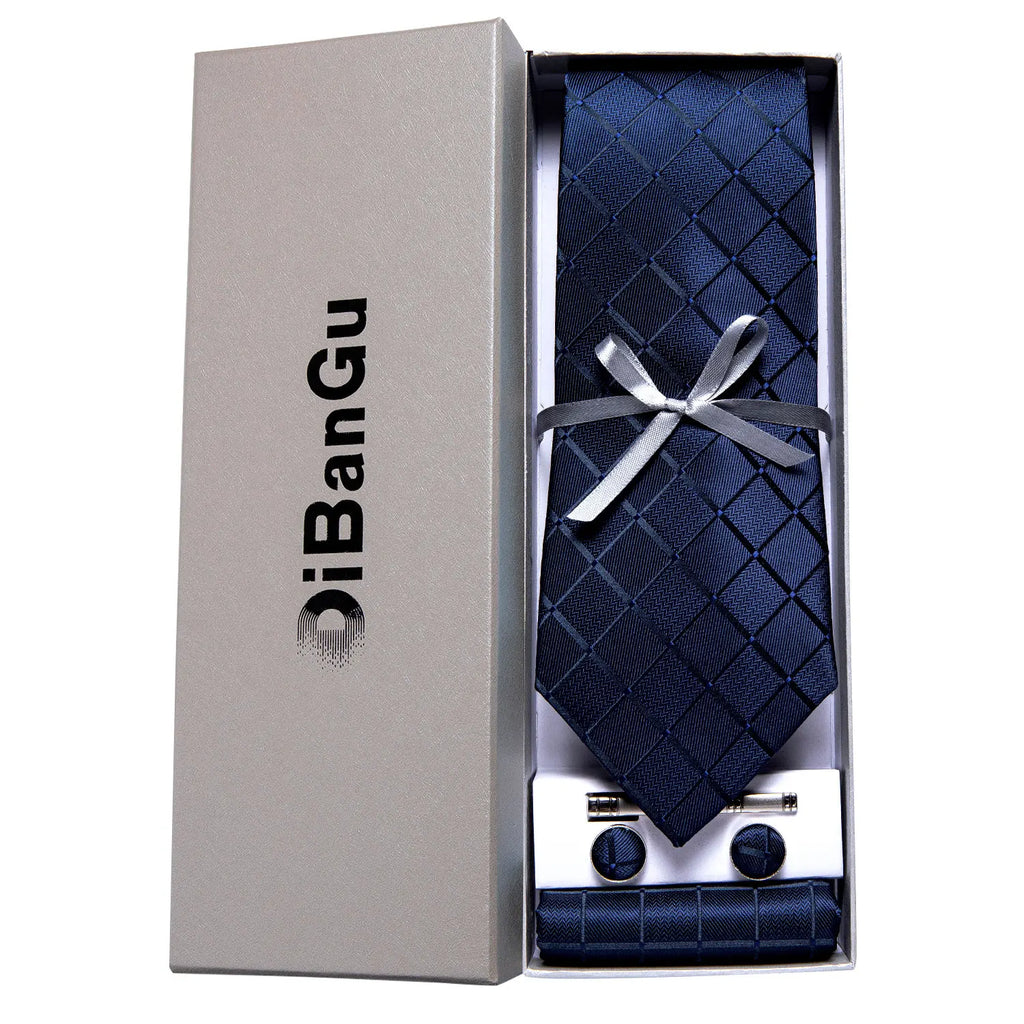 Solid Black Plaid Men's 8cm Polyester Neck Tie Handkerchief Cufflinks Set with Gift Box Tie Clip Birthday Anniversary Gift