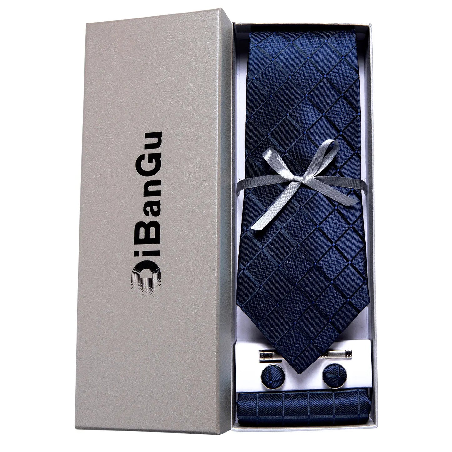Solid Black Plaid Men's 8cm Polyester Neck Tie Handkerchief Cufflinks Set with Gift Box Tie Clip Birthday Anniversary Gift