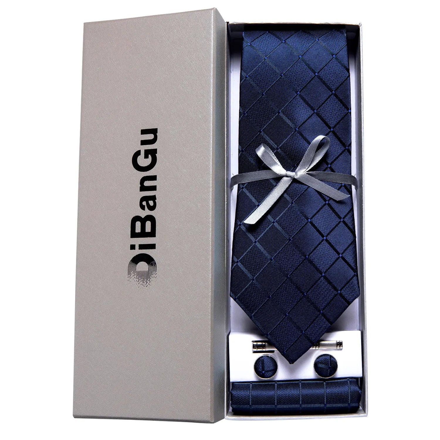 Solid Black Plaid Men's 8cm Polyester Neck Tie Handkerchief Cufflinks Set with Gift Box Tie Clip Birthday Anniversary Gift