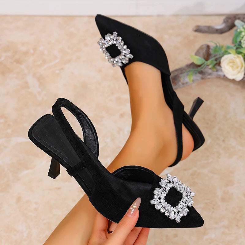Elegant Ladies Crystal Buckle Pumps Summer 2025 Sexy Pointed Toe High Heels Sandals Women Back Strap Party Wedding Shoes Woman