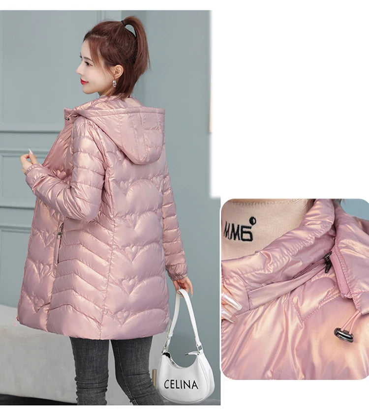 2023 New Winter Jacket Long Coats Women  Hooded Glossy DownCotton Jacket Warm Casual Parka Padded Cotton Coat Female