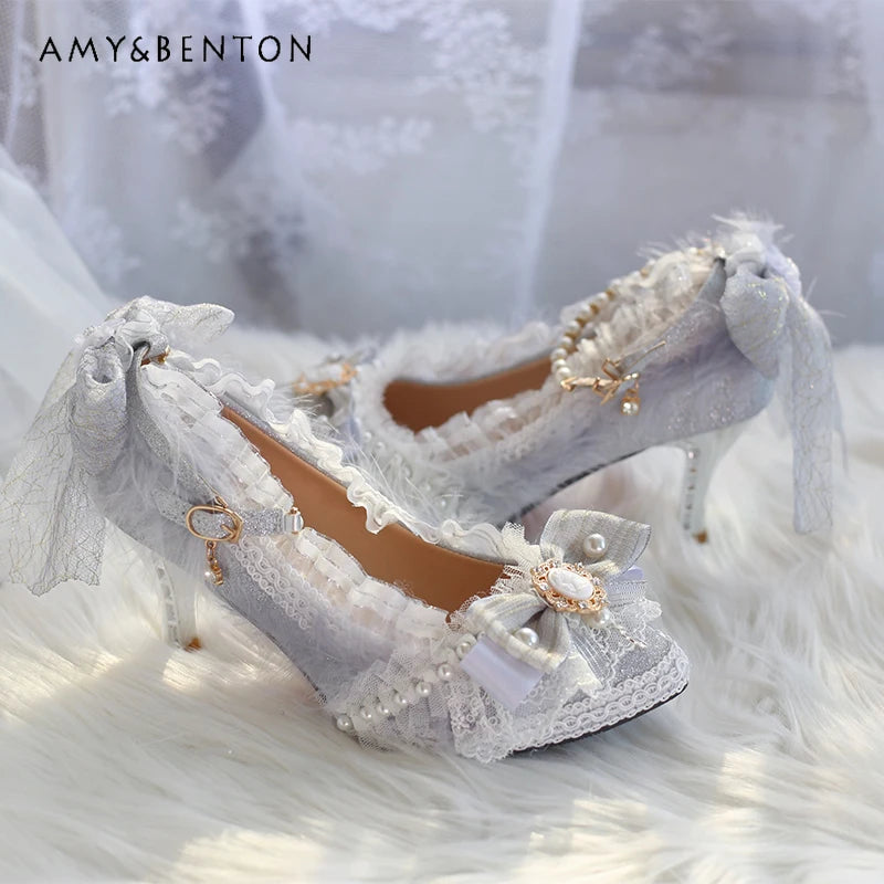 Original Handmade Lolita High Heels Heavy Industry Feather Stitching Pearl Bow Lace Platform Shoes Round Head Princess Heels