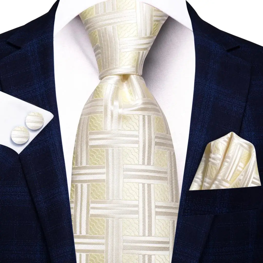 Hi-Tie Champagne Ivory Floral Solid Design Silk Wedding Tie For Men Quality Hanky Cufflink Fashion Nicktie Business Dropshipping