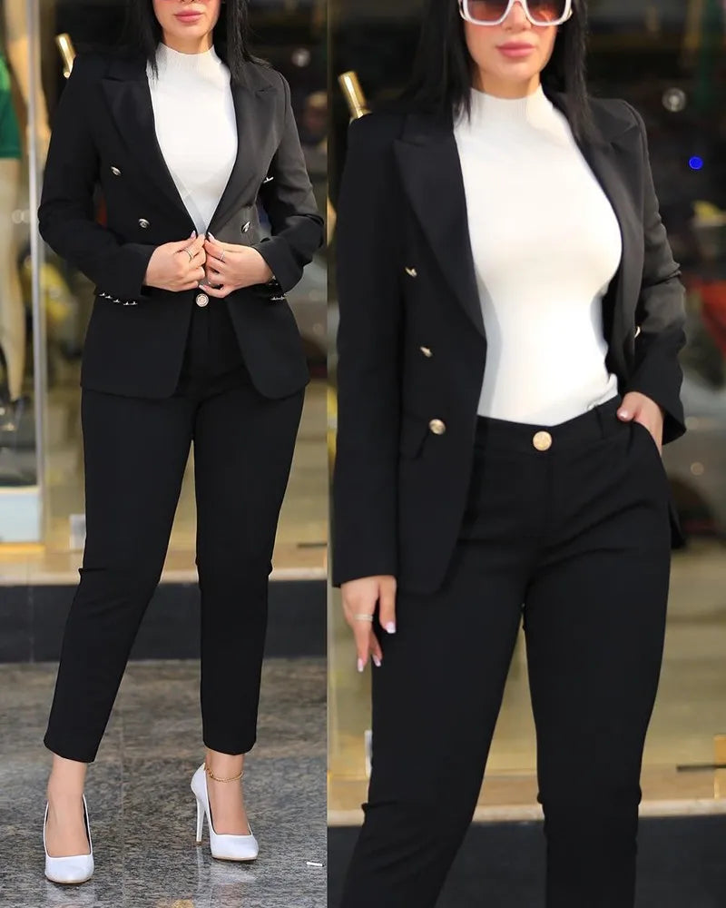 Women Blazer Suits Two 2 Pcs Sale Casual Slim Button Blazer Coats& Button Fitness Slim Full Blazer Pant Sets NMD-20250306003
