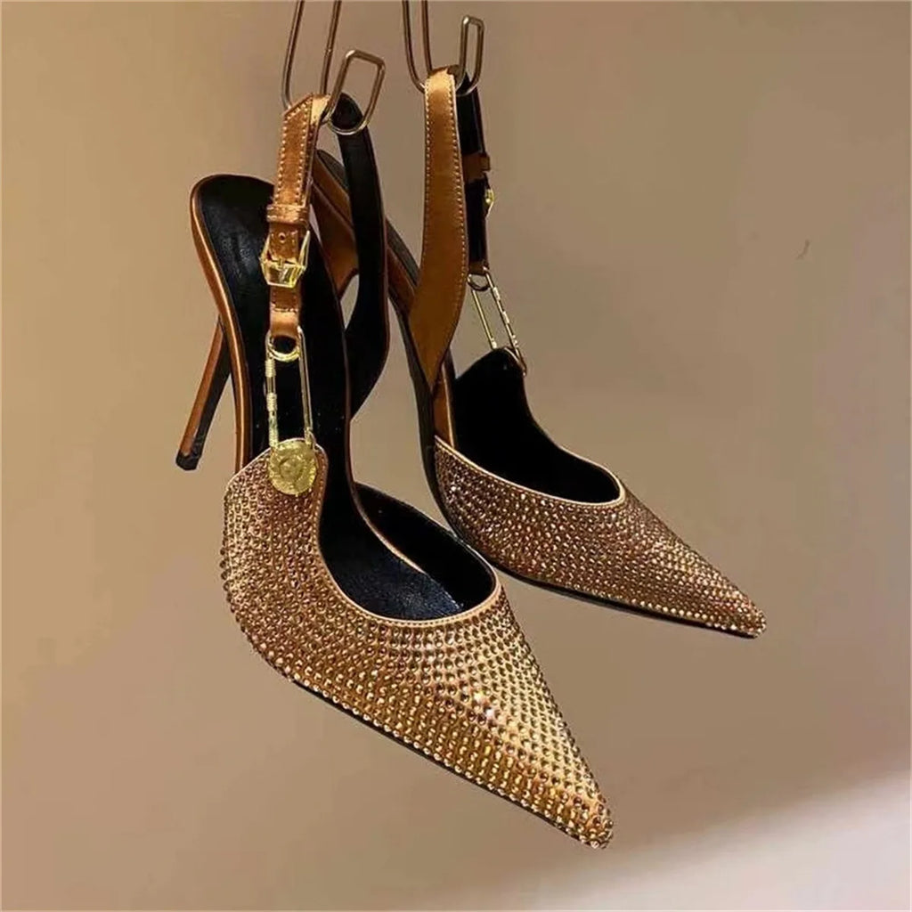 2025Women's Sexy Silk Rhinestone Pumps Belt Buckle Back Hollow Pointed Toe Thin Heel Sandals Pumps Female High Heels Party Shoes