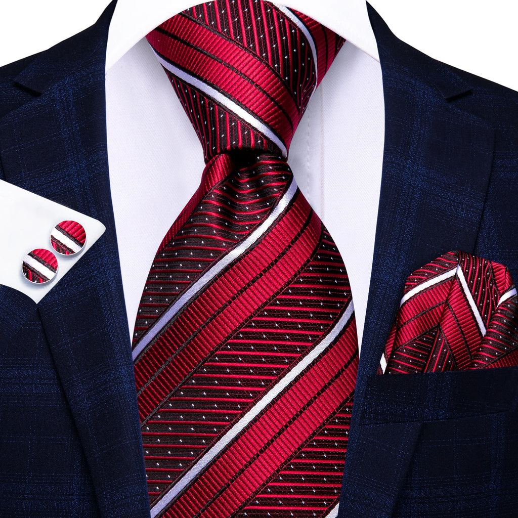 Hi-Tie Striped Burgundy Blue Black Men Elegant Necktie Handkerchief Cufflinks 3PCS Set Fashion Classic Silk Luxury Tie for Man