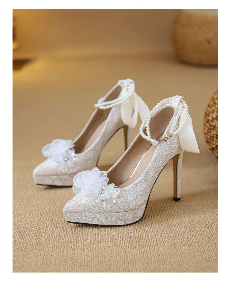 High heels, women's wedding shoes, Hexiu, two pairs of thick heels, beautiful ankle rings, pearl straps, bridal shoes