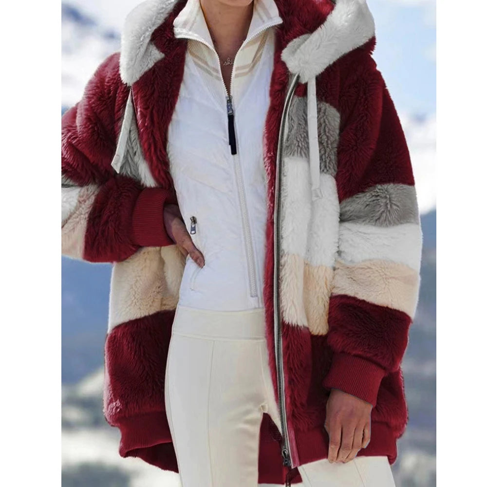 Oversized Jacket for Women Coat 2025 Autumn Winter Warm Plush Pocket Hooded Streetwear Loose Lady Zipper Cashmere Outerwear Coat