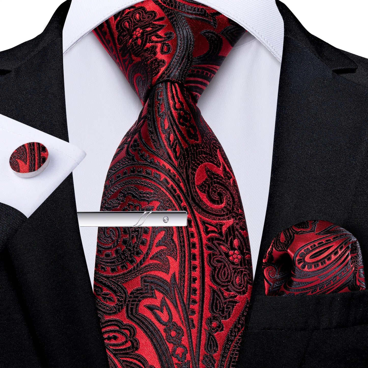 Men's Tie Set with Clip Luxury Retro Red Blue Floral 8cm Necktie Handkerchief Cufflinks Wedding Party Business Accessories Gift