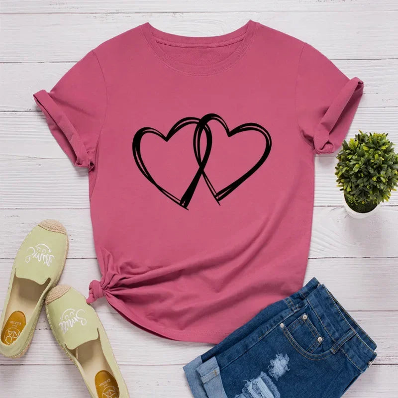 Double Heart Print Women T Shirt Short Sleeve O Neck Loose Women Tshirt Ladies Fashion Tee Shirt Tops Clothes