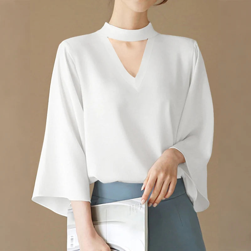 VONDA Plus Size Fashion Blouse Women Elegant OL Shirts Casual Hollow Out V Neck Solid Color Tunic Tops 3/4 Sleeve Blusas 5XL