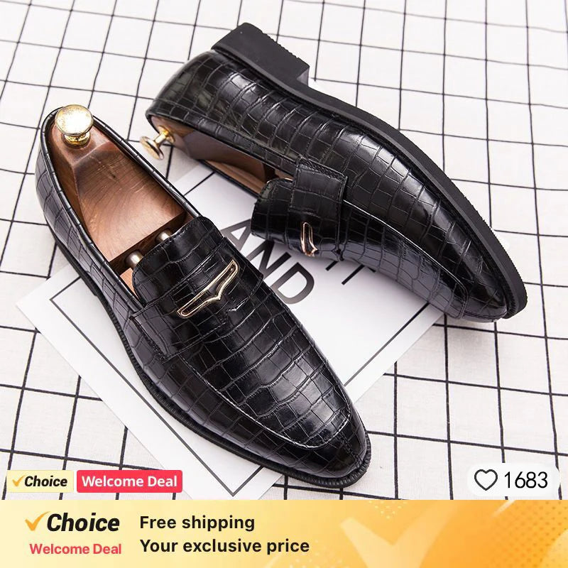 Men's Crocodile Pattern Black Loafers – Pointed Toe Slip-On Wedding Oxford