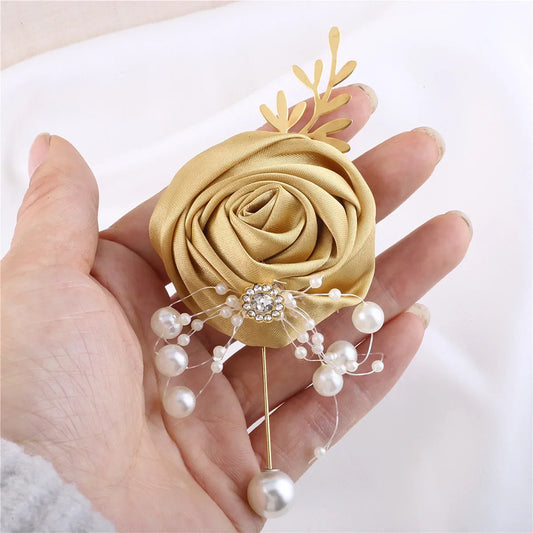 Gold Artifical Rose Flowers Bridesmaid Marriage Groomsman Boutonniere for Wedding Accessories