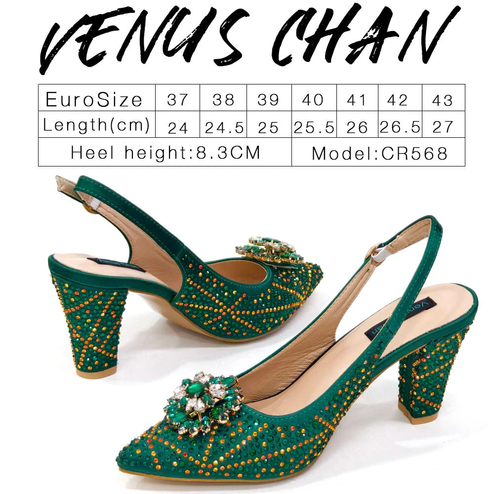 Venus Chan Nigerian Women Heel Party Ladies Italian Design Shoes And Bag Set Decorated with Rhinestone Handbag Wedding Party