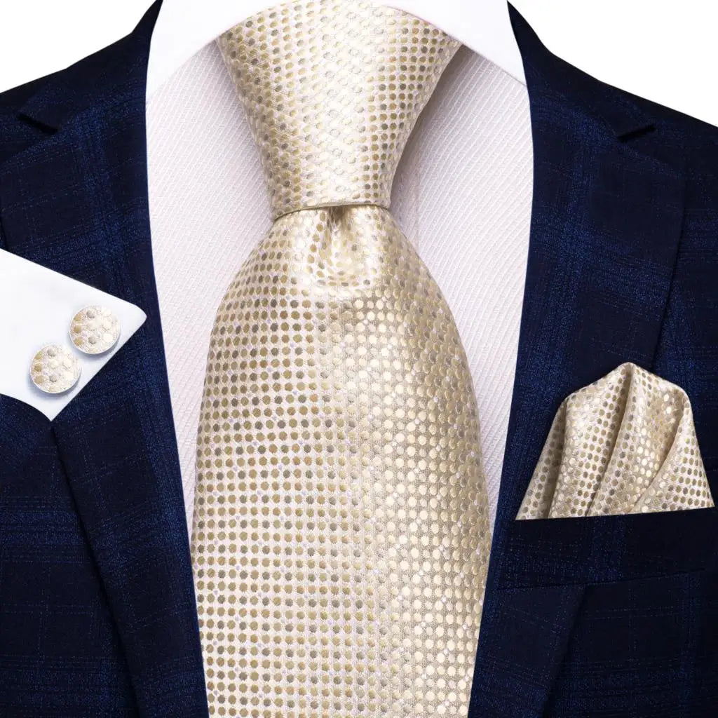 Hi-Tie Champagne Ivory Floral Solid Design Silk Wedding Tie For Men Quality Hanky Cufflink Fashion Nicktie Business Dropshipping