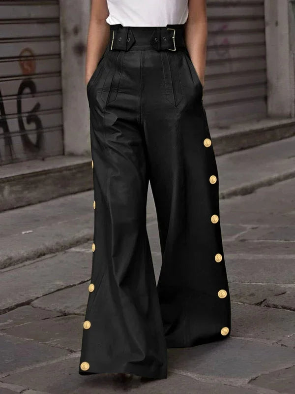Modigirl 2025 Spring High Waisted Faux Pu Pants for Women Red Pleated Gold Button Streetwear Feamale Flared Wide-leg Trousers