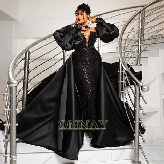 Customized Black Prom Dresses for African Women Detachable Train Saudi Arabric Gala Bespoke Gown Evening Vestidos De Fiesta