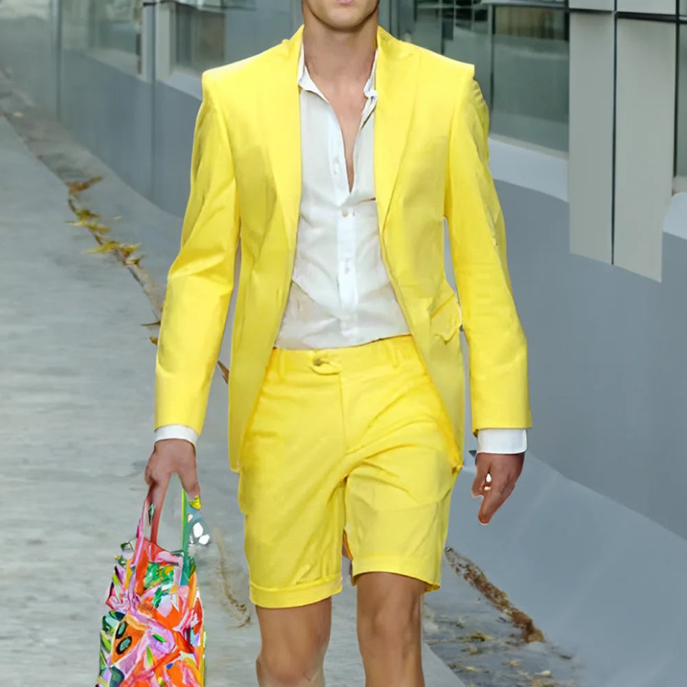 Fashion Yellow Suit for Mens Summer Jacket Shorts Suit 2 Piece Set Wedding Groom Tuxedo Formal Blazer Customized