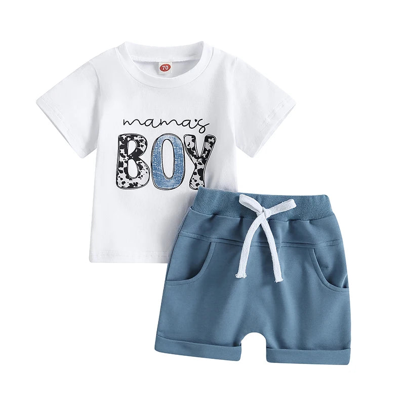 VISgogo Toddler Baby Boys Clothes Set Short Sleeve Letter Print T-shirt Elastic Waist Drawstring Shorts Summer Casual Outfit