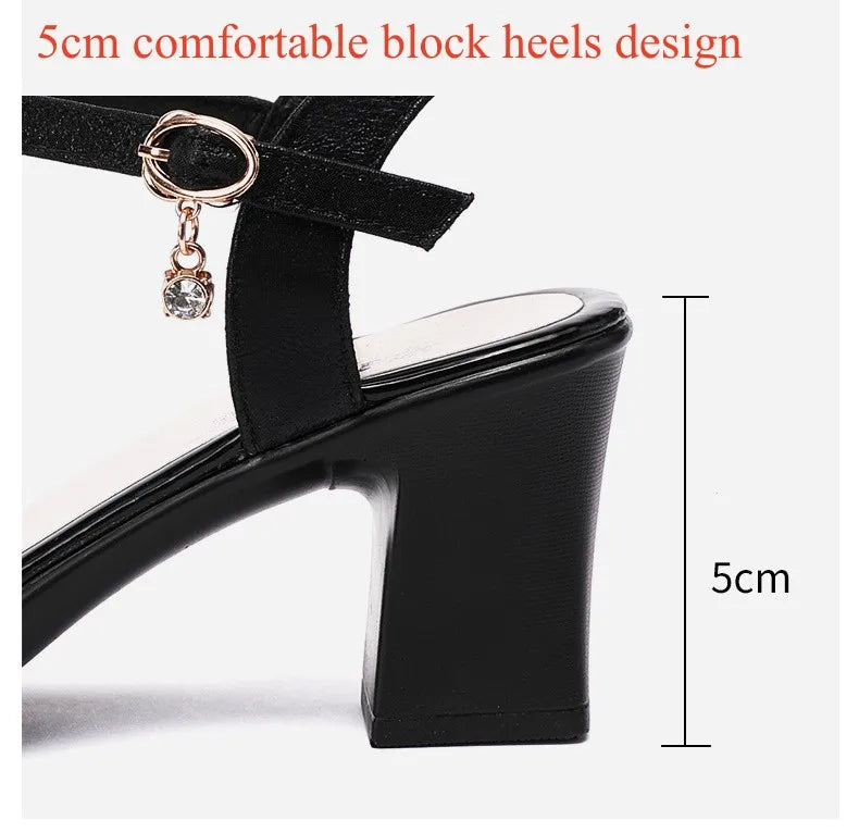 Small Size 32-43 Elegant Rhinestone Black Office Work Mom Shoes Women's Platform Sandals 2025 Summer Med Block Heels Sandals
