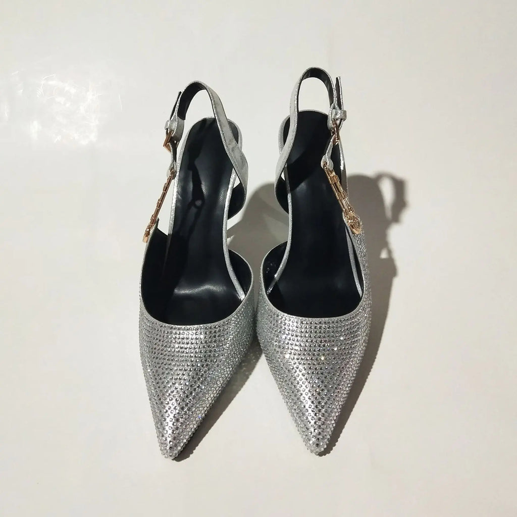 2025Women's Sexy Silk Rhinestone Pumps Belt Buckle Back Hollow Pointed Toe Thin Heel Sandals Pumps Female High Heels Party Shoes