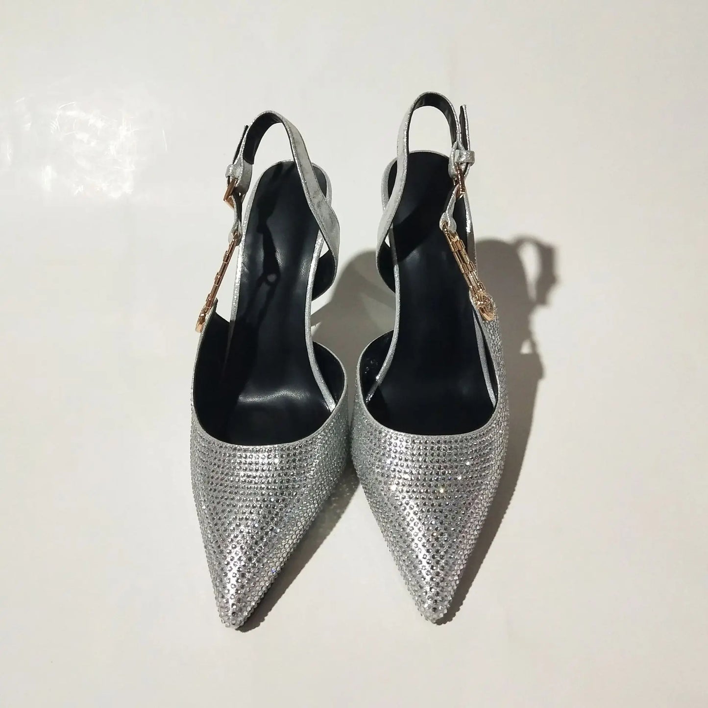 2025Women's Sexy Silk Rhinestone Pumps Belt Buckle Back Hollow Pointed Toe Thin Heel Sandals Pumps Female High Heels Party Shoes