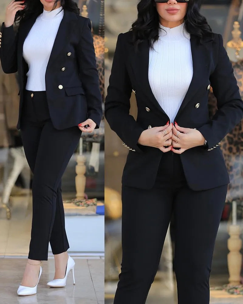 Women Blazer Suits Two 2 Pcs Sale Casual Slim Button Blazer Coats& Button Fitness Slim Full Blazer Pant Sets NMD-20250306003