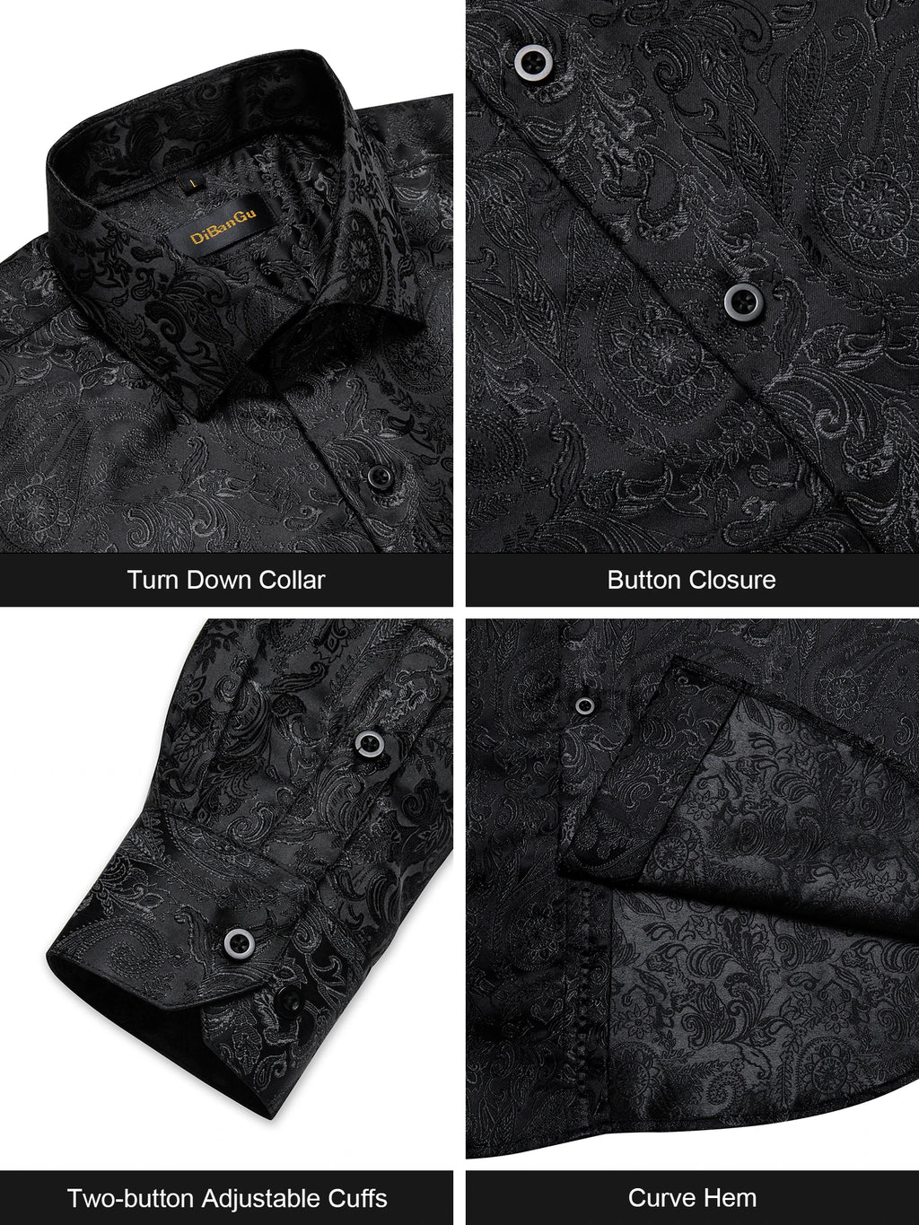 DiBanGu Silk Polyester Dress Shirts for Men Black Solid Paisley Red Silver Long Sleeve Turn Down Collar Prom Social Men's Shirt