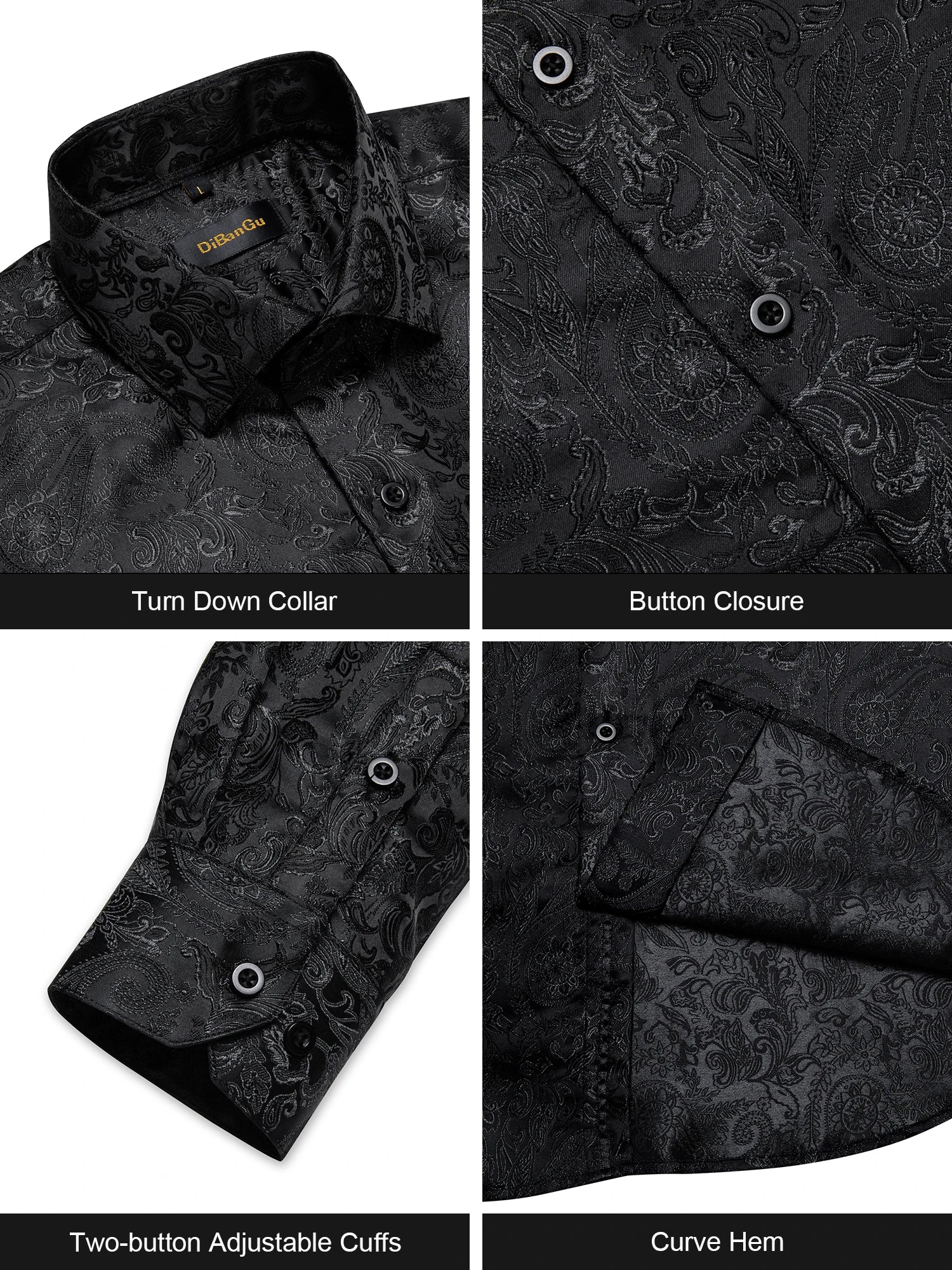 DiBanGu Silk Polyester Dress Shirts for Men Black Solid Paisley Red Silver Long Sleeve Turn Down Collar Prom Social Men's Shirt