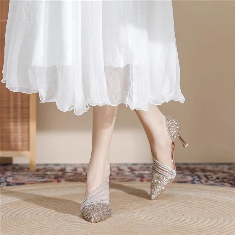 Sexy Pointed Toe Champagne Ladies High Heels New Shiny Crystal Wedding Bridal Shoes Simple and Elegant Women's Dress Shoes