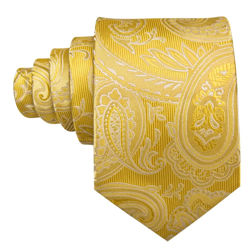 Barry.Wang Gold Beige Yellow Brown Tulip Silk Men Tie Handkerchief Cufflink Set Jacquard Necktie for Male Wedding Business Party