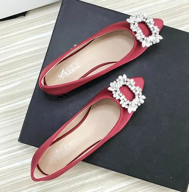 Women Green Blue Shoes Silk Null Plain Flats Pointed Toe Slip-On With Crystal Buckle Shallow Mouth Cute Retro Tacons  32-48 28cm