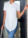 Women's Blouses Summer Casual White Short Sleeved Shirt Fashion OL Lapel Irregular Slim Shirts Women Clothing Streetwear Tops