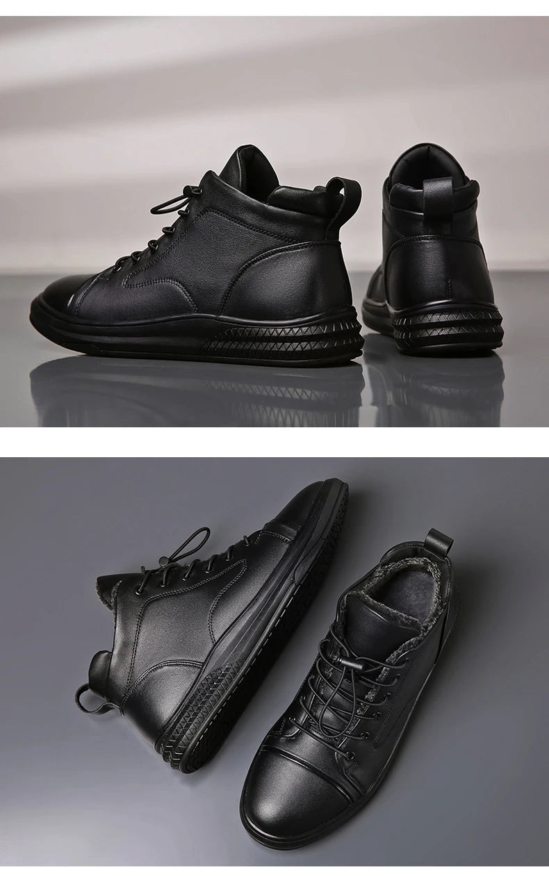 Genuine Leather Men's Casual Shoes Fashion High Top Sneakers Shoes Winter Wool Fur Warm Men Boots Outdoor Snow Non-Slip Footwear