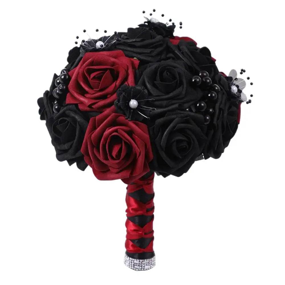 Yannew Black Burgundy Gothic Bridal Bouquets for Bride Bridesmaids Artifiicial Silk Foam Roses Flower Wedding Bouquet Halloween