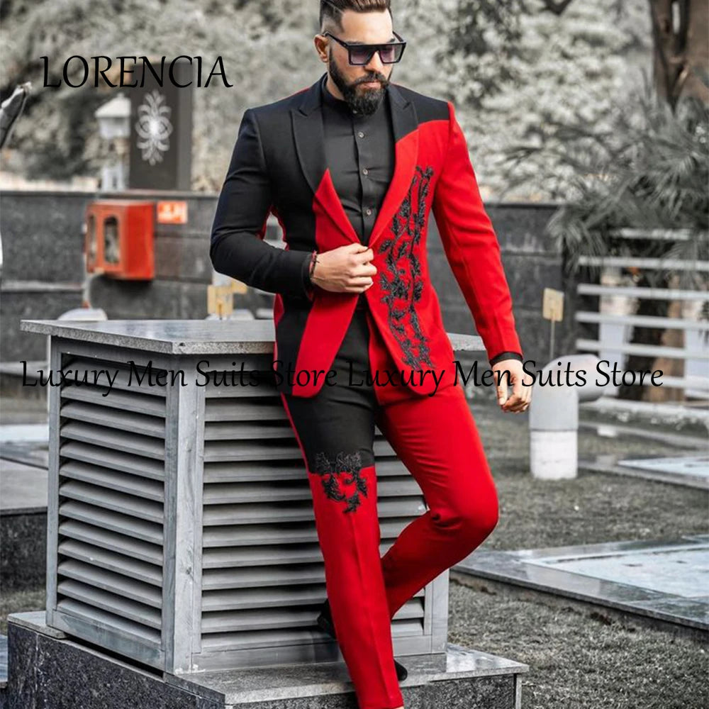 Fashion 2 Pieces Suits for Men Applique Slim Fit Tuxedos Groom Wedding Customized Flat Collar Blazer Pants vestido para hombre