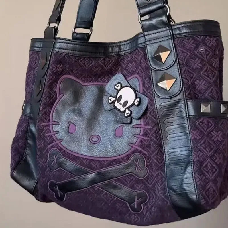 MINISO Sanrio Hello Kitty Vintage Purple Handbag Y2K Gothic Style Multifunctional Underarm Tote Bag Sweet and Spicy Fashion