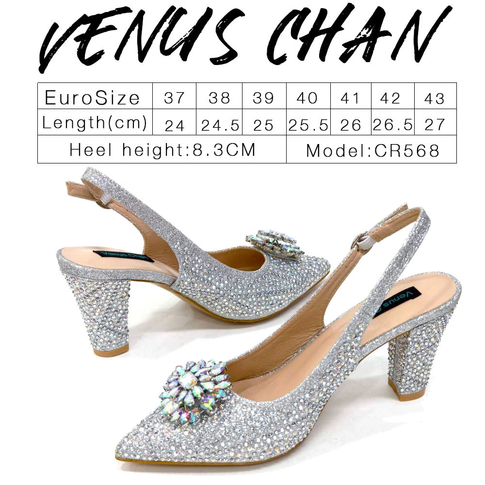 Venus Chan Nigerian Women Heel Party Ladies Italian Design Shoes And Bag Set Decorated with Rhinestone Handbag Wedding Party