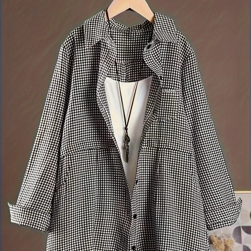 Plus Size New Korean Fashion Blouses Plaid Button Solid Midi Autumn Shirt Female All-match Loose Long Sleeve Polo-Neck Blouse