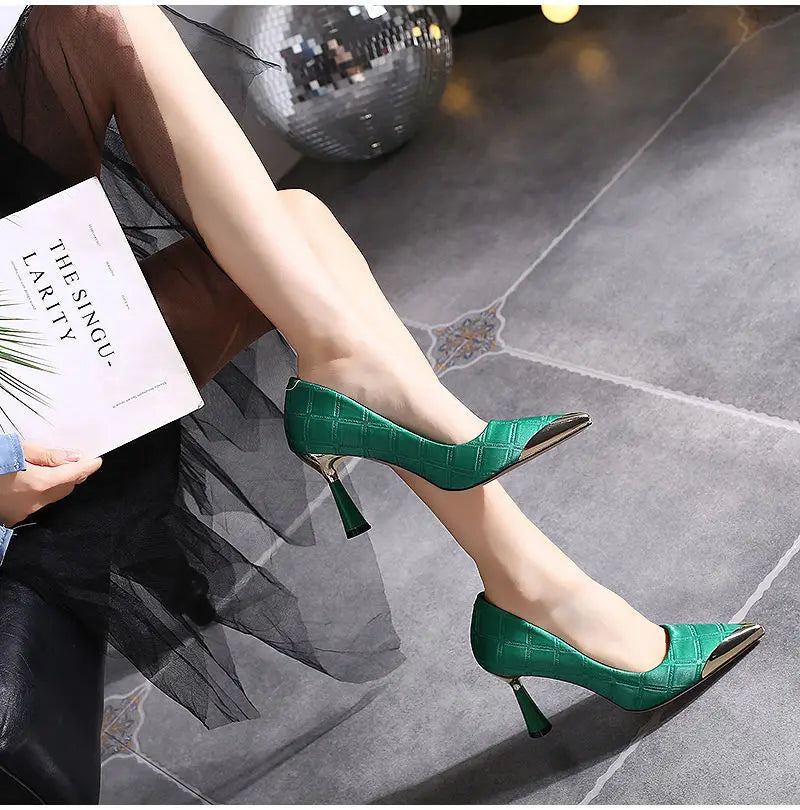 2025 New Woman Pink Pumps Luxury Designer Metal Pointed Stiletto Shallow Mouth Single Shoes High Heels Women Green Party Shoes
