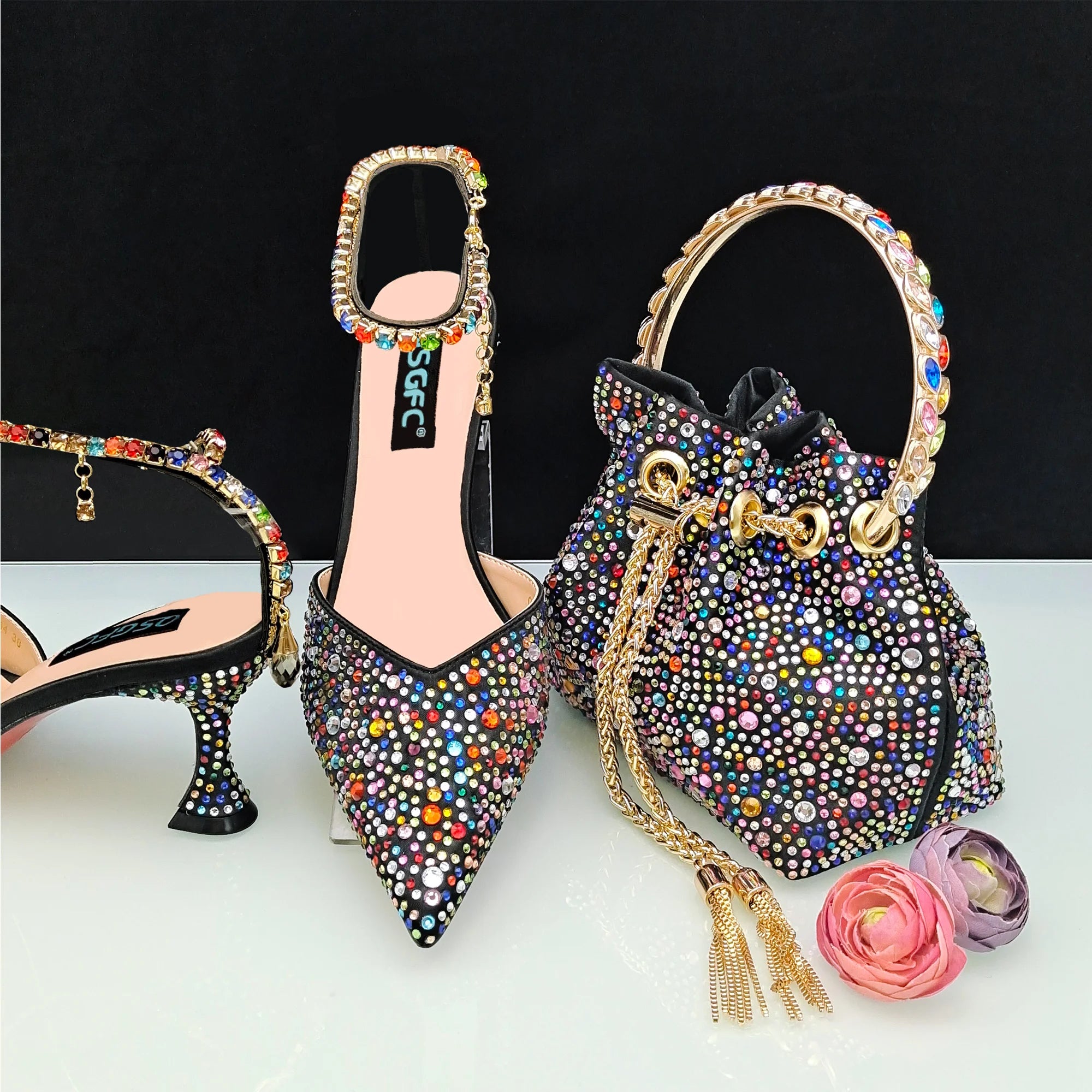 QSGFC New Gold Glitter Fabric Pointed Toe High Heels With A Variety Of Shapes Of Rhinestones Fashion Party Ladies Shoes And Bag