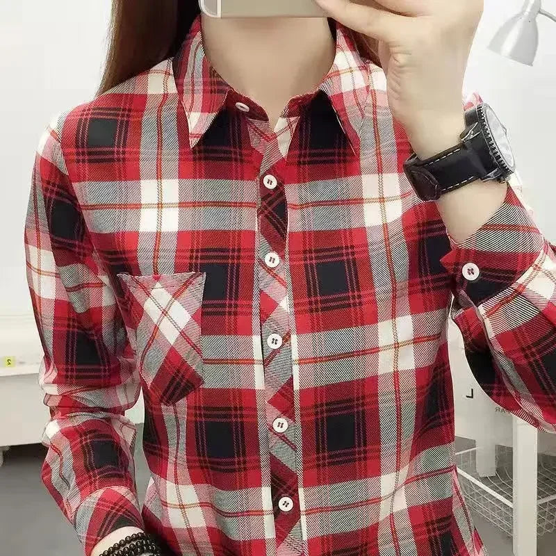 2024 Autumn New College Style Plaid Shirts Womens Long sleeve Button Down Casual Tops Loose Fashion Polo Neck Blouses