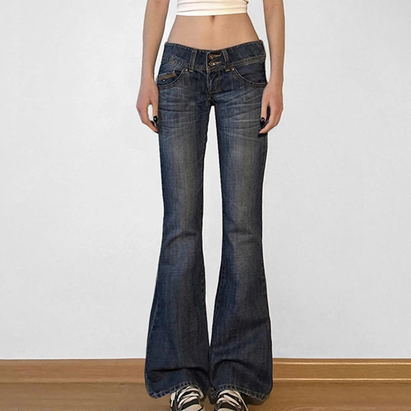 Cuteandpsycho Fashion Low Waisted Washed Flared Jeans Button Harajuku Aesthetic Pants Streetwear Basic Slim Pockets Y2K Bottoms
