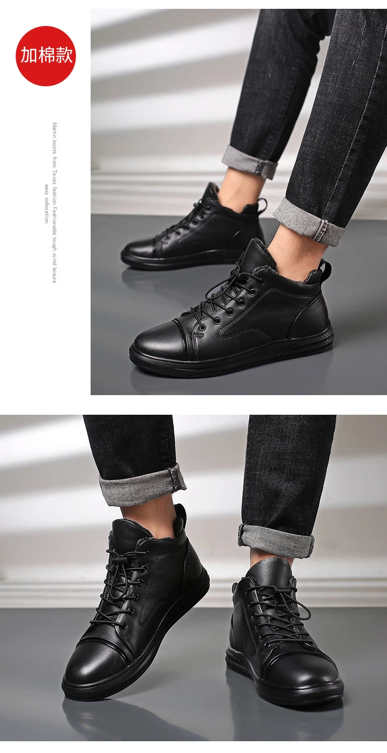 Genuine Leather Men's Casual Shoes Fashion High Top Sneakers Shoes Winter Wool Fur Warm Men Boots Outdoor Snow Non-Slip Footwear