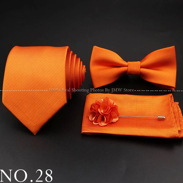 Hot Sale Red Blue Tie Set Polyester Slim Striped Necktie Bowtie Cufflink Brooch For Groom Suit Wedding Cravat Shirt Accessory