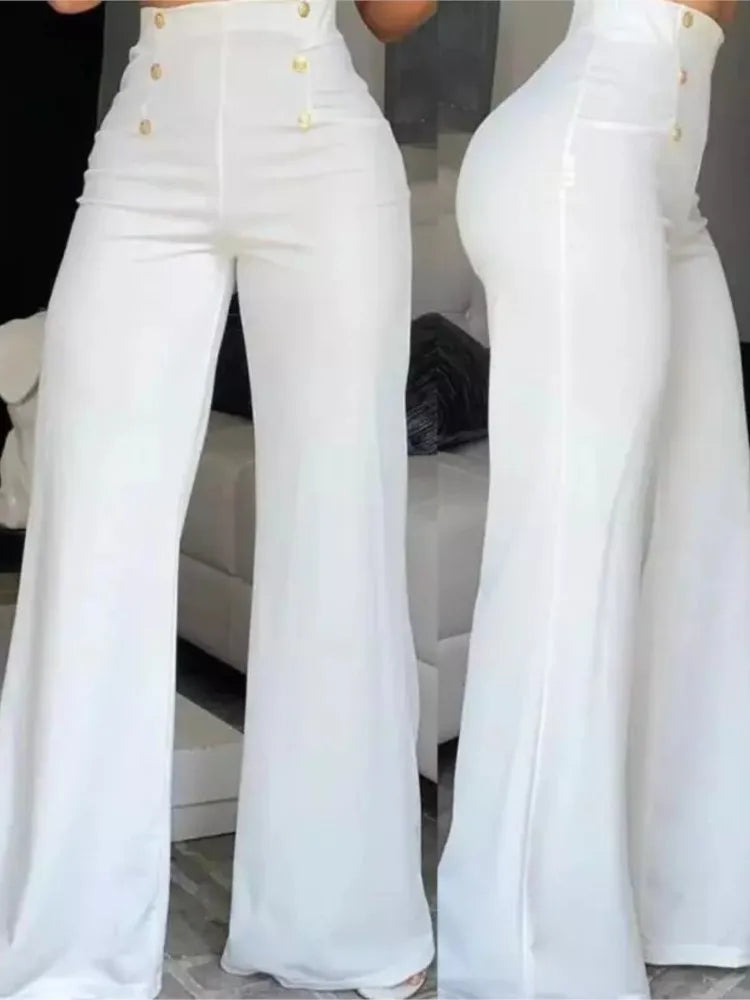 Elegant Casual  High Waist Wide Leg Pants Fashion Loose Button Long Pant Office Solid Spring Autumn Womens Clothing New Pant