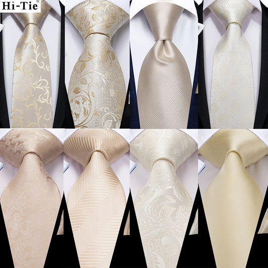 Hi-Tie Champagne Ivory Floral Solid Design Silk Wedding Tie For Men Quality Hanky Cufflink Fashion Nicktie Business Dropshipping