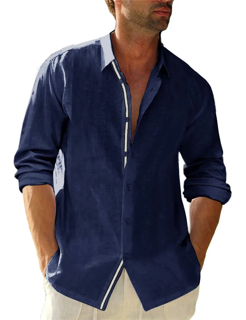 2023 Autumn Solid Men Shirt Baggy Long Sleeve Button Hawaiian 100% Cotton Linen Shirt for Men Blouse Camisa Masculina Streetwear