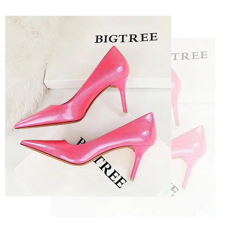 BIGTREE Elegant Simple Woman Heels Slim Heels High Heels Shallow Mouth Pointed Crystal Patent Leather Single Shoes  Women Shoes